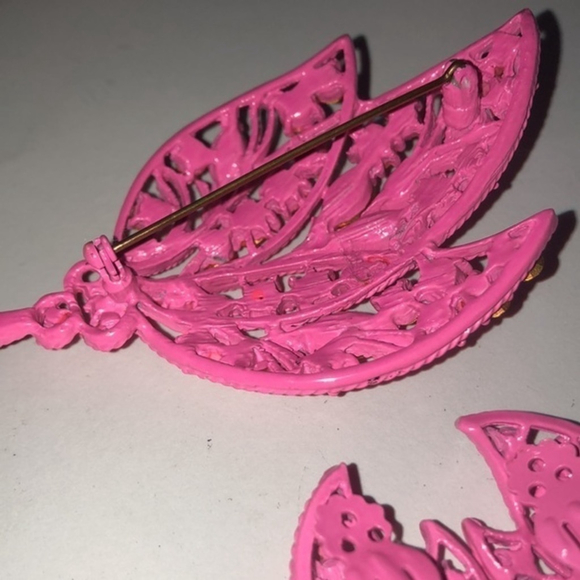 Vintage Hot Pink Barbie Pink Enamel CZ Rhinestone Brooch & Clip On Earrings Set - Picture 6 of 7